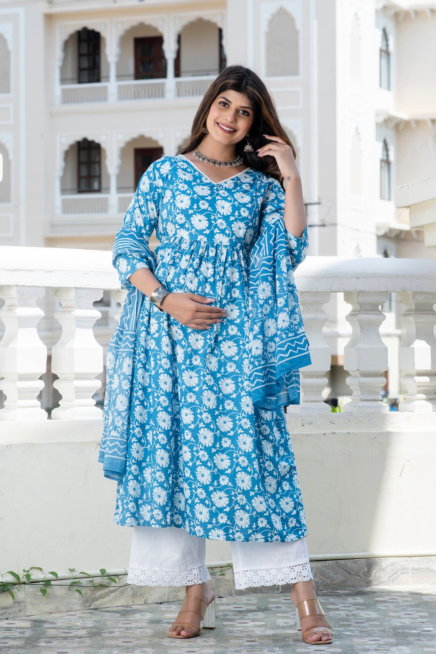 Teal Floral Maternity and Nursing Kurta Dupatta Set