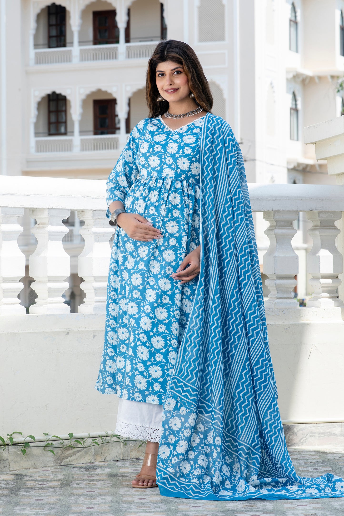 Teal Floral Maternity and Nursing Kurta Dupatta Set