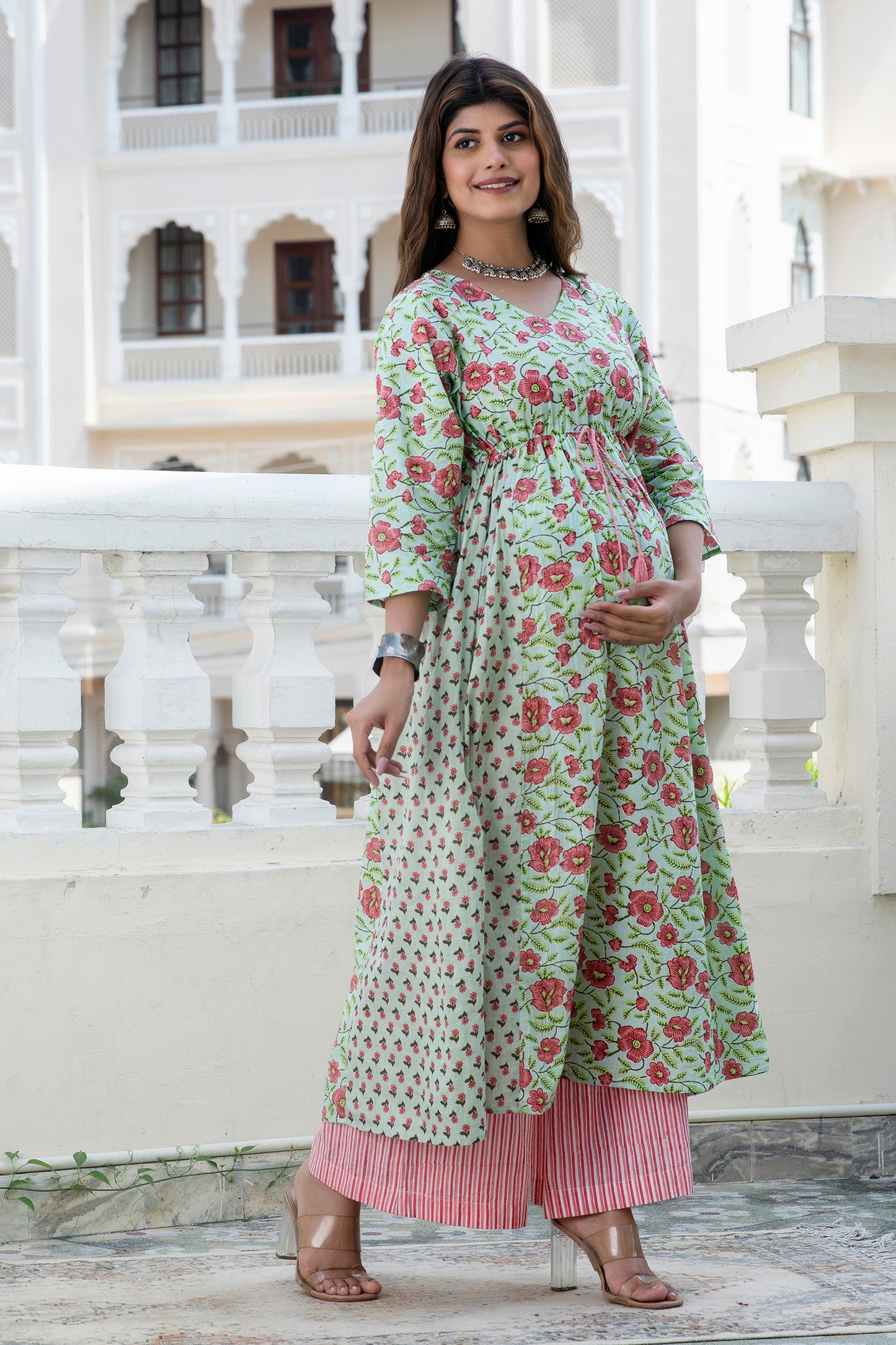 Green Peach Floral Maternity And Nursing Kurta