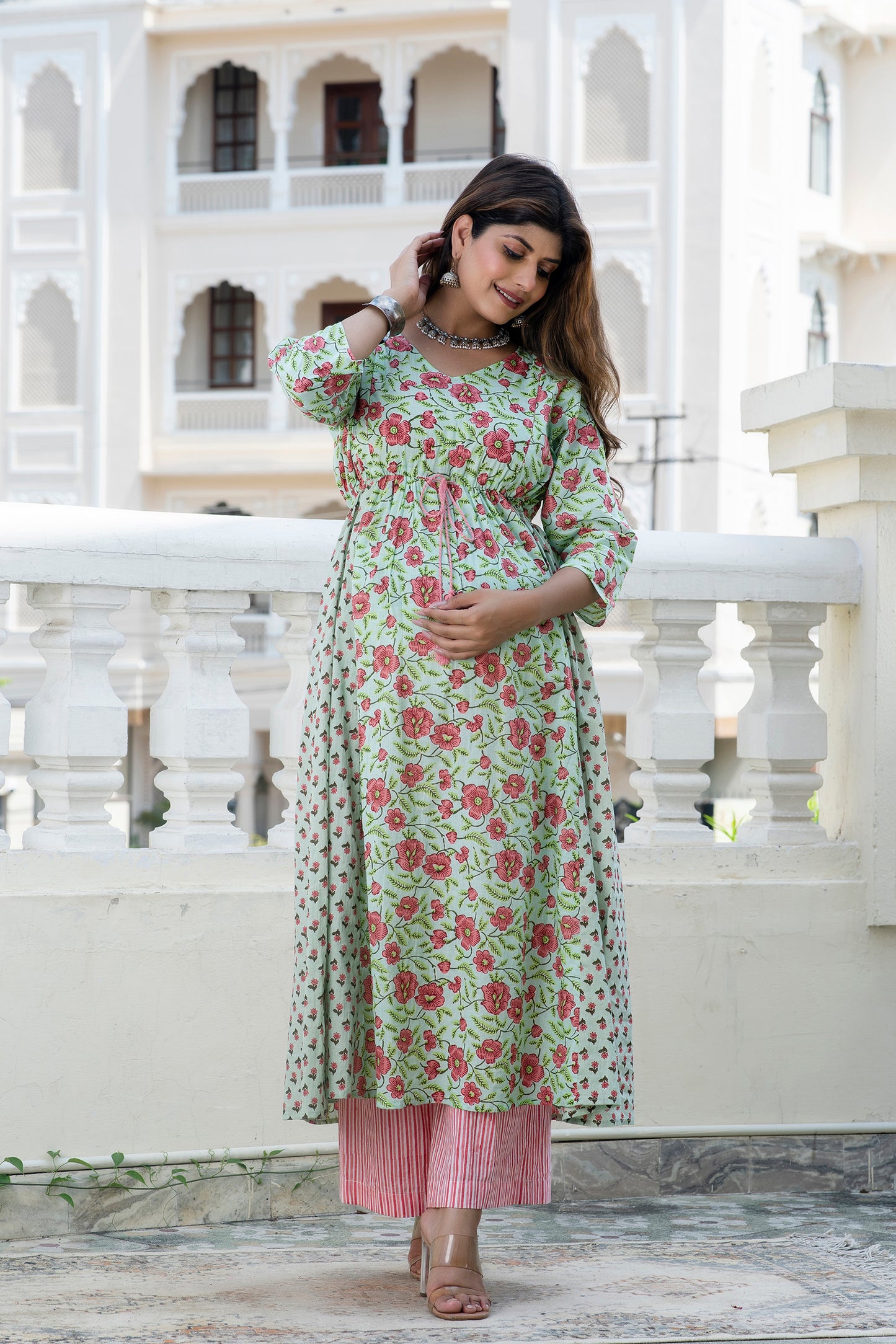 Green Peach Floral Maternity And Nursing Kurta