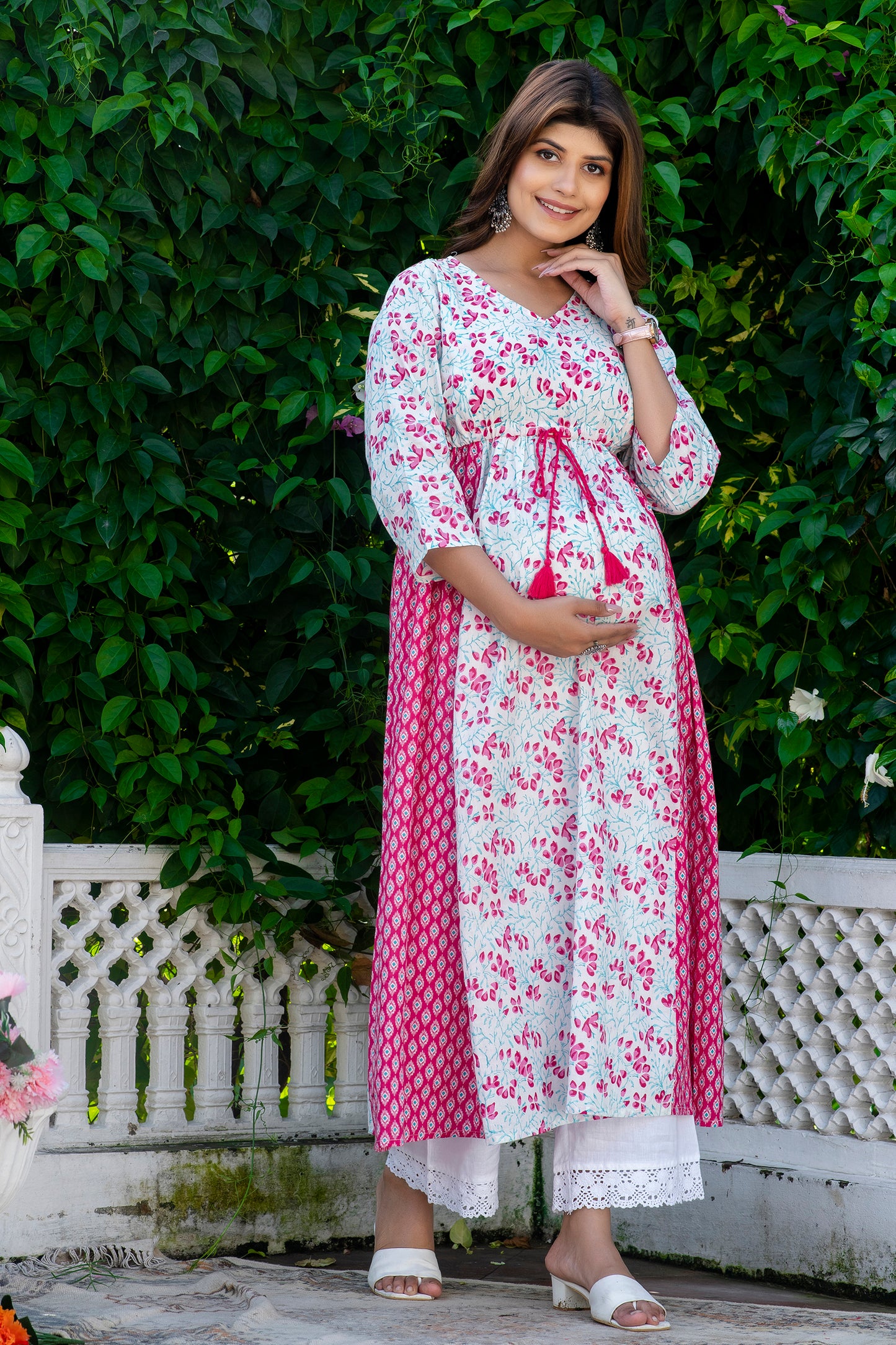 Pink White Mint Maternity And Nursing Kurta