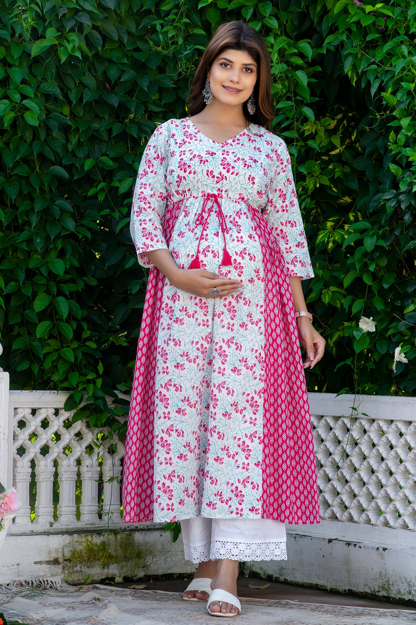 Pink White Mint Maternity And Nursing Kurta