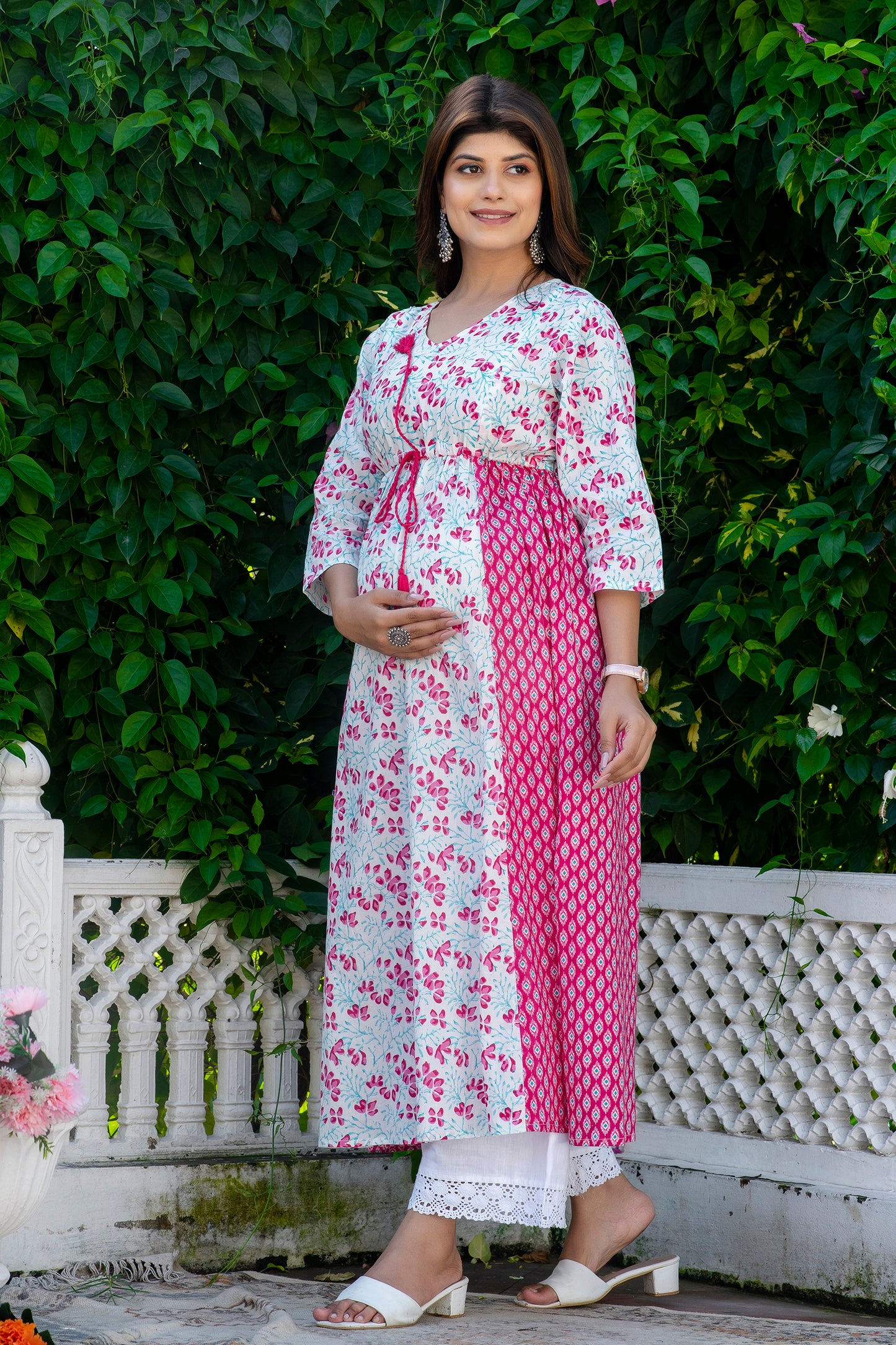 Pink White Mint Maternity And Nursing Kurta