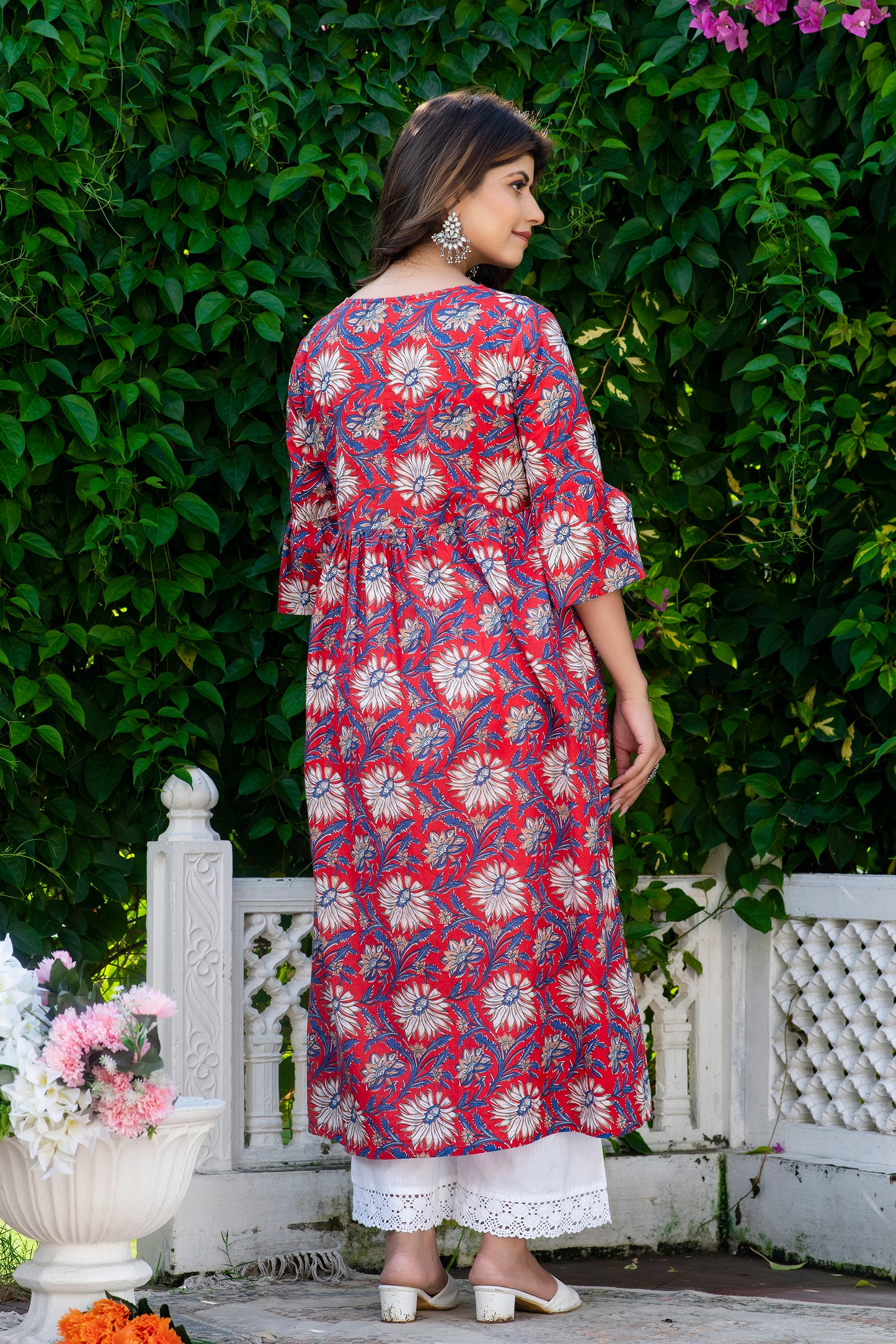 Red Blue Floral Maternity And Nursing Kurta