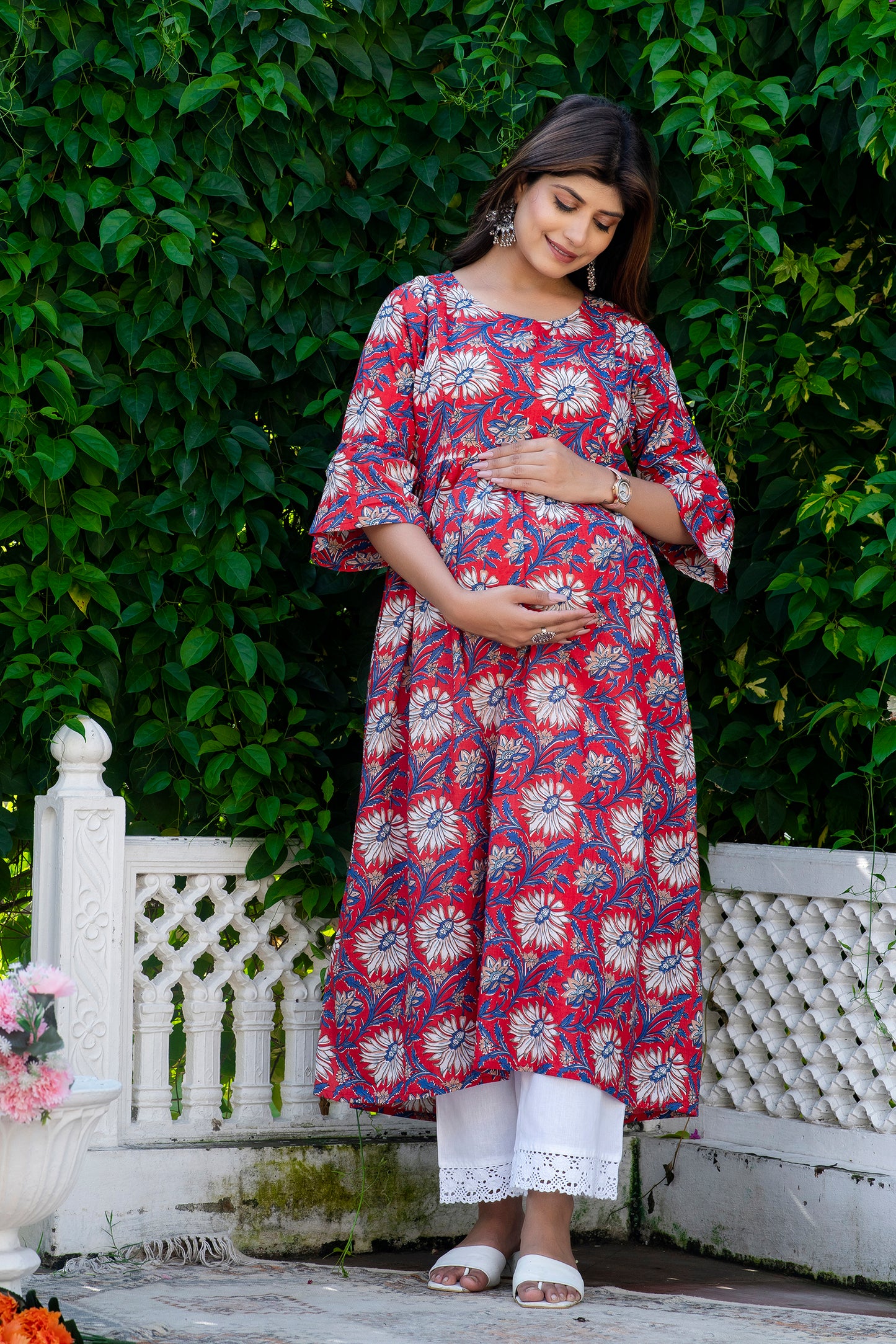 Red Blue Floral Maternity And Nursing Kurta