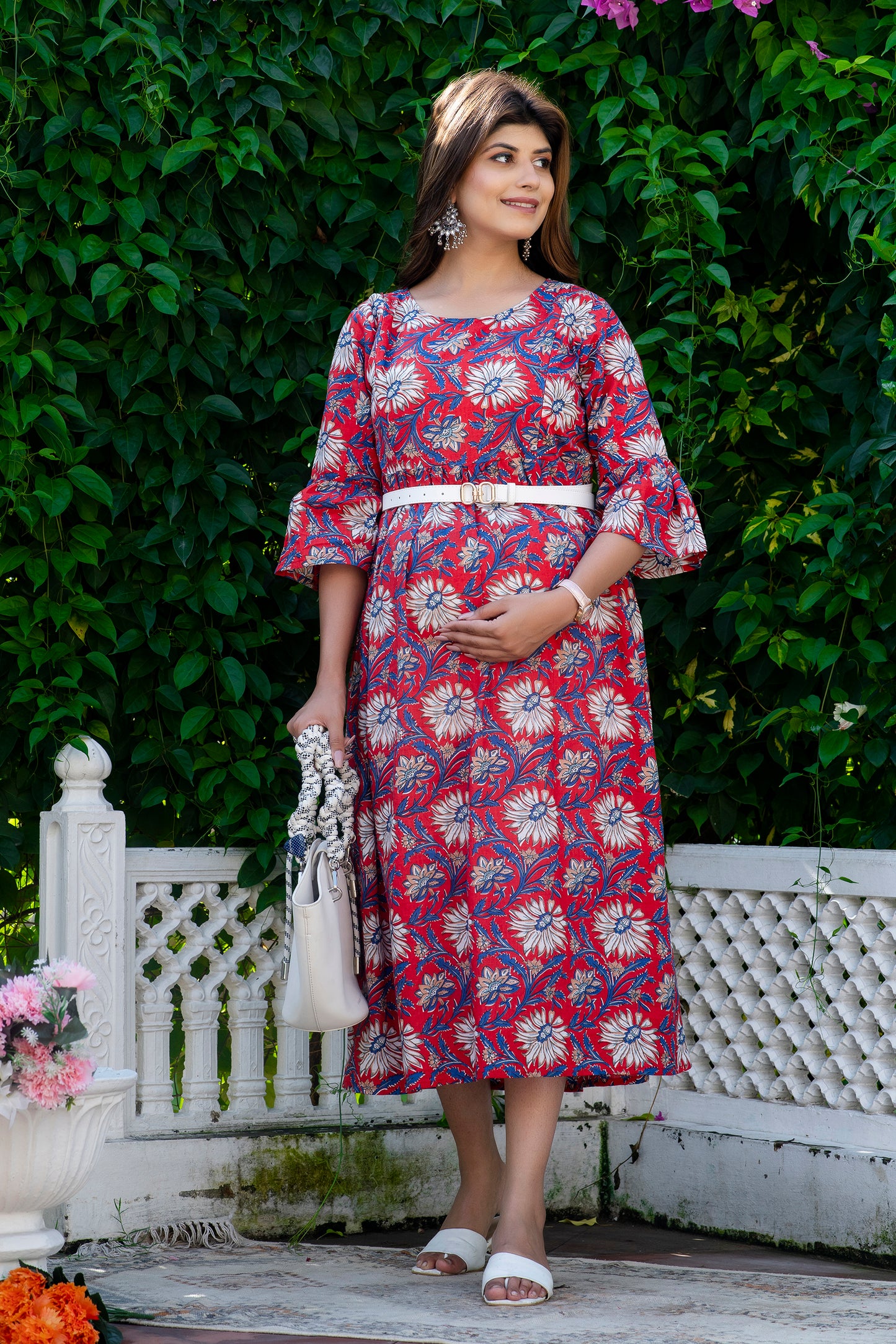 Red Blue Floral Maternity And Nursing Kurta
