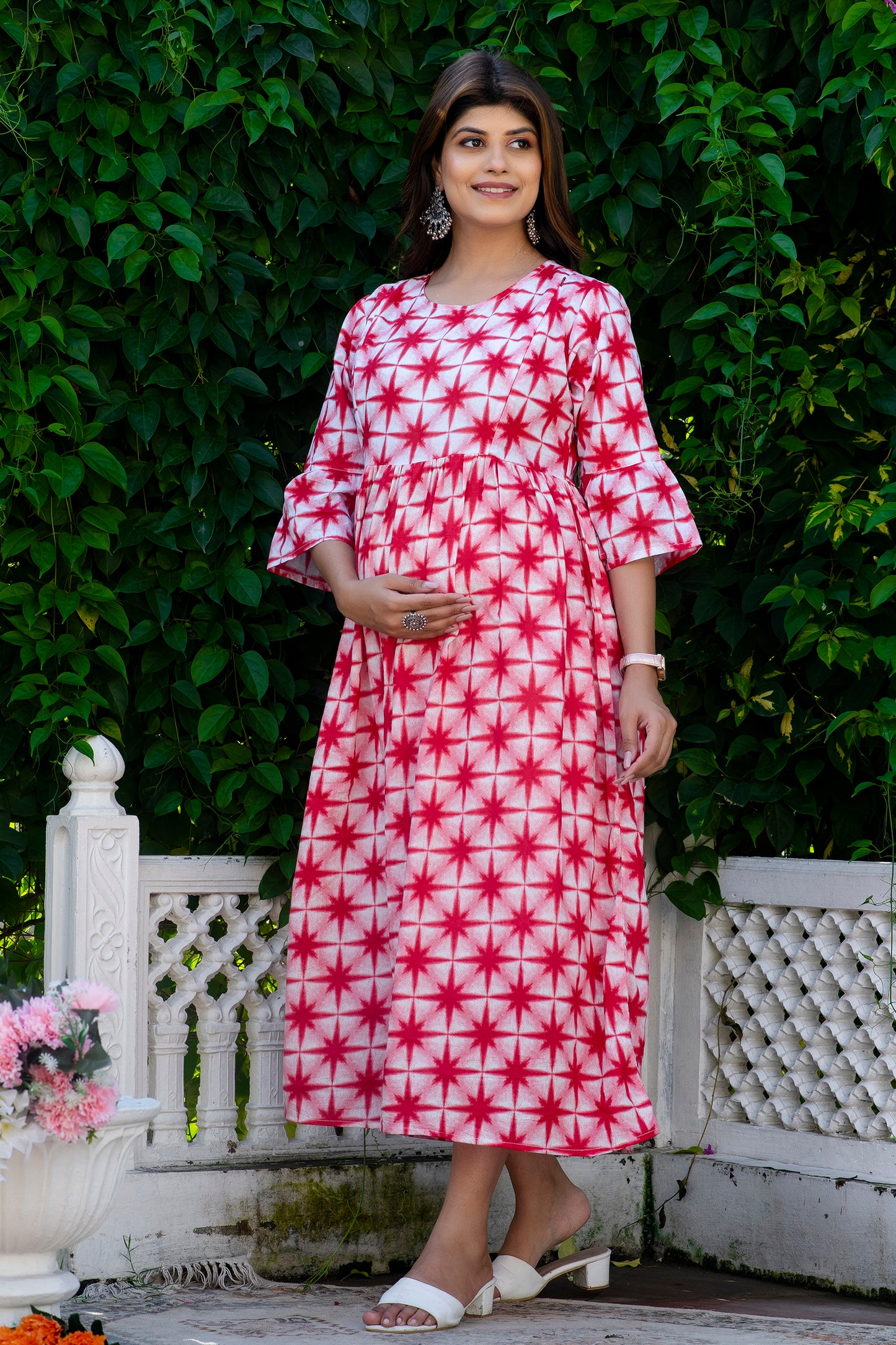 Maternity And Nursing Red Star Tie Dye Dress