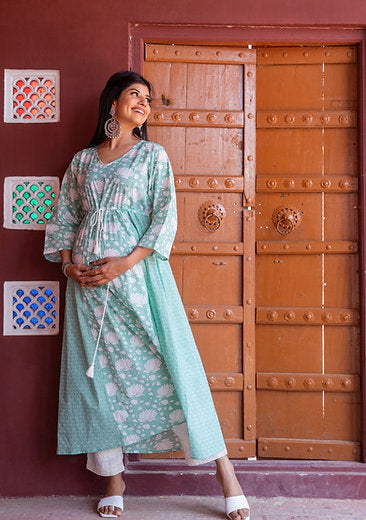 Pastel Green Lotus Maternity And Nursing Kurta