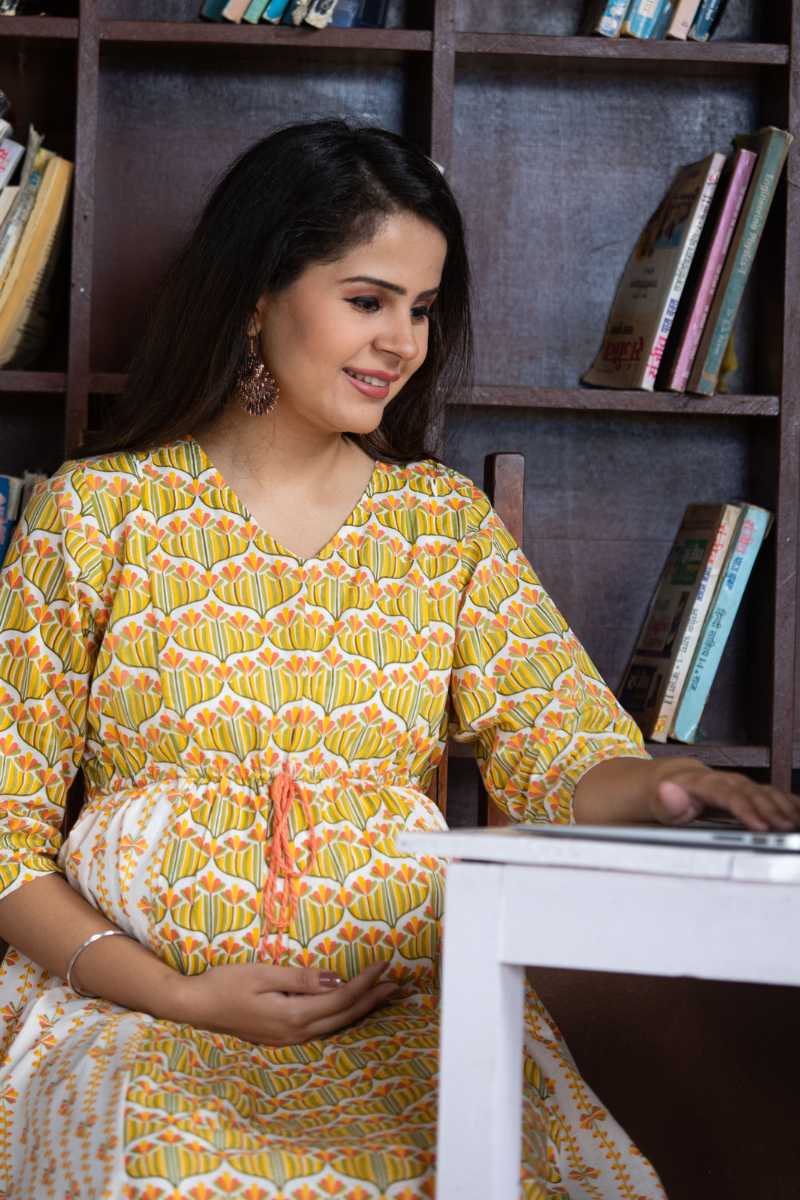 Green Cotton Maternity And Nursing Kurta