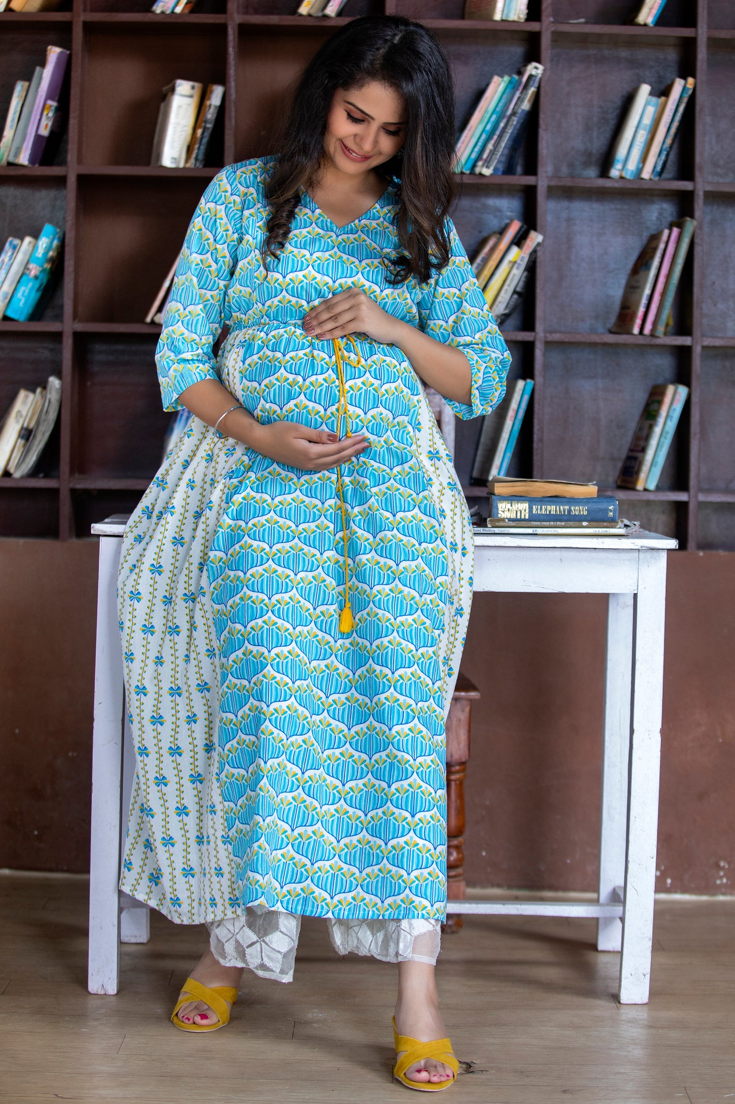 Blue Cotton Maternity and Nursing Kurta