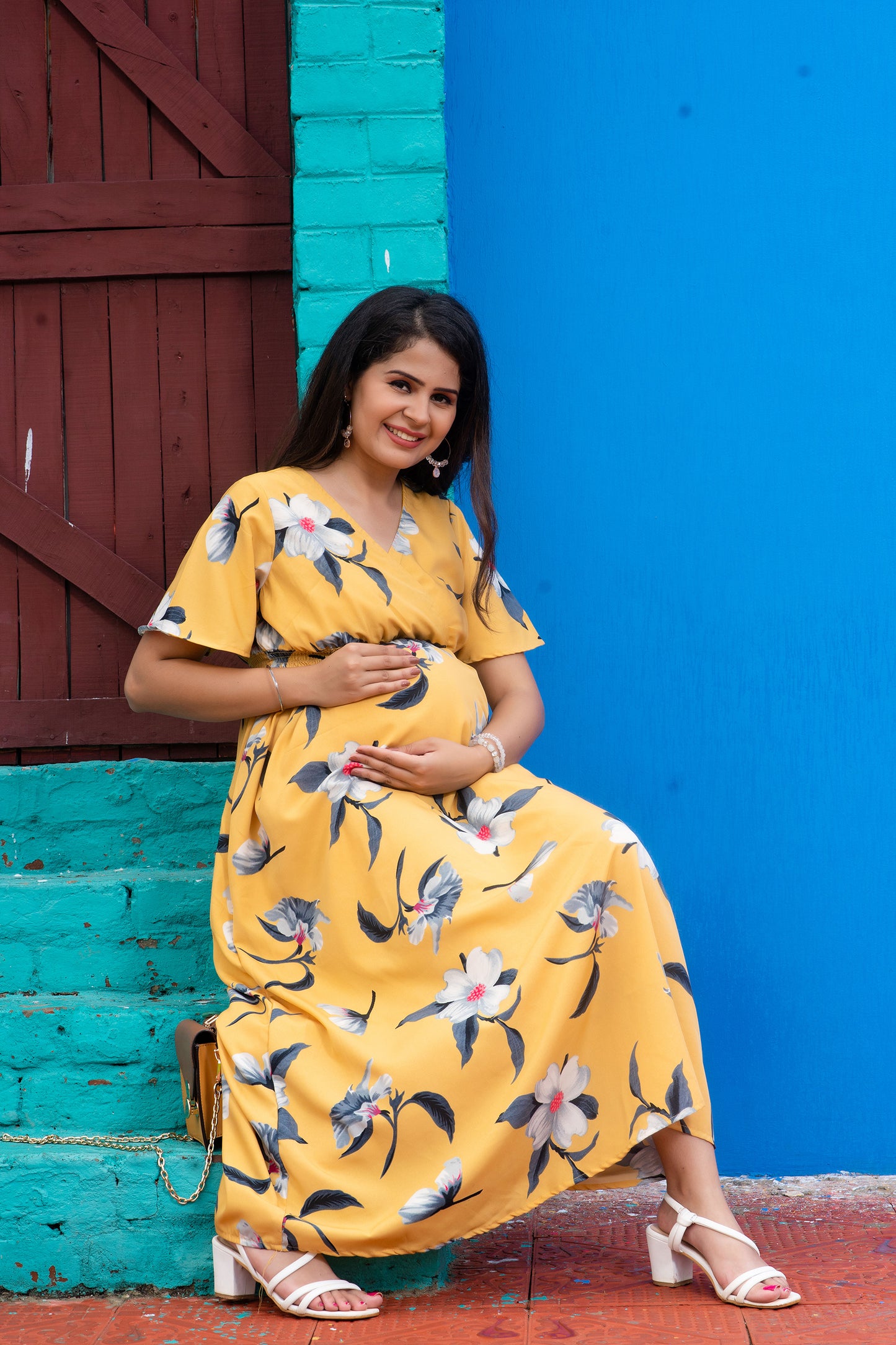 Maternity And Nursing Mustard Day Outing Pregnancy Dress