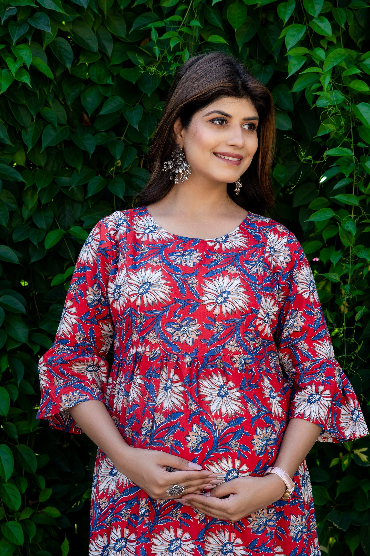 Red Blue Floral Maternity And Nursing Kurta
