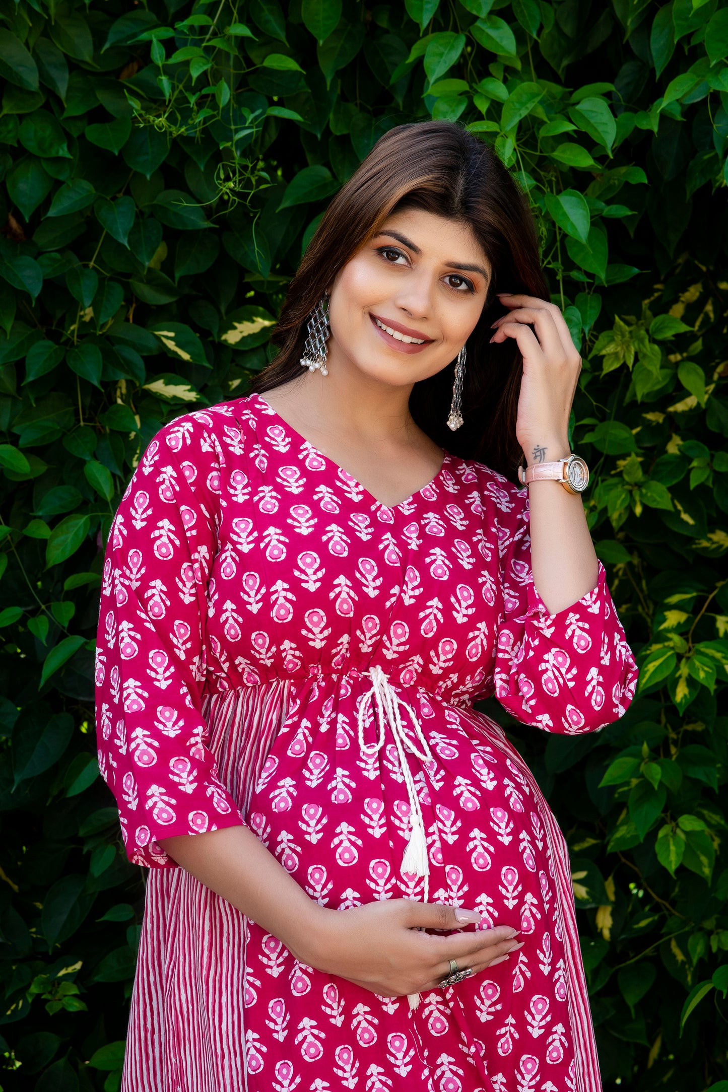 Maternity And Nursing Boota Pink Kurta