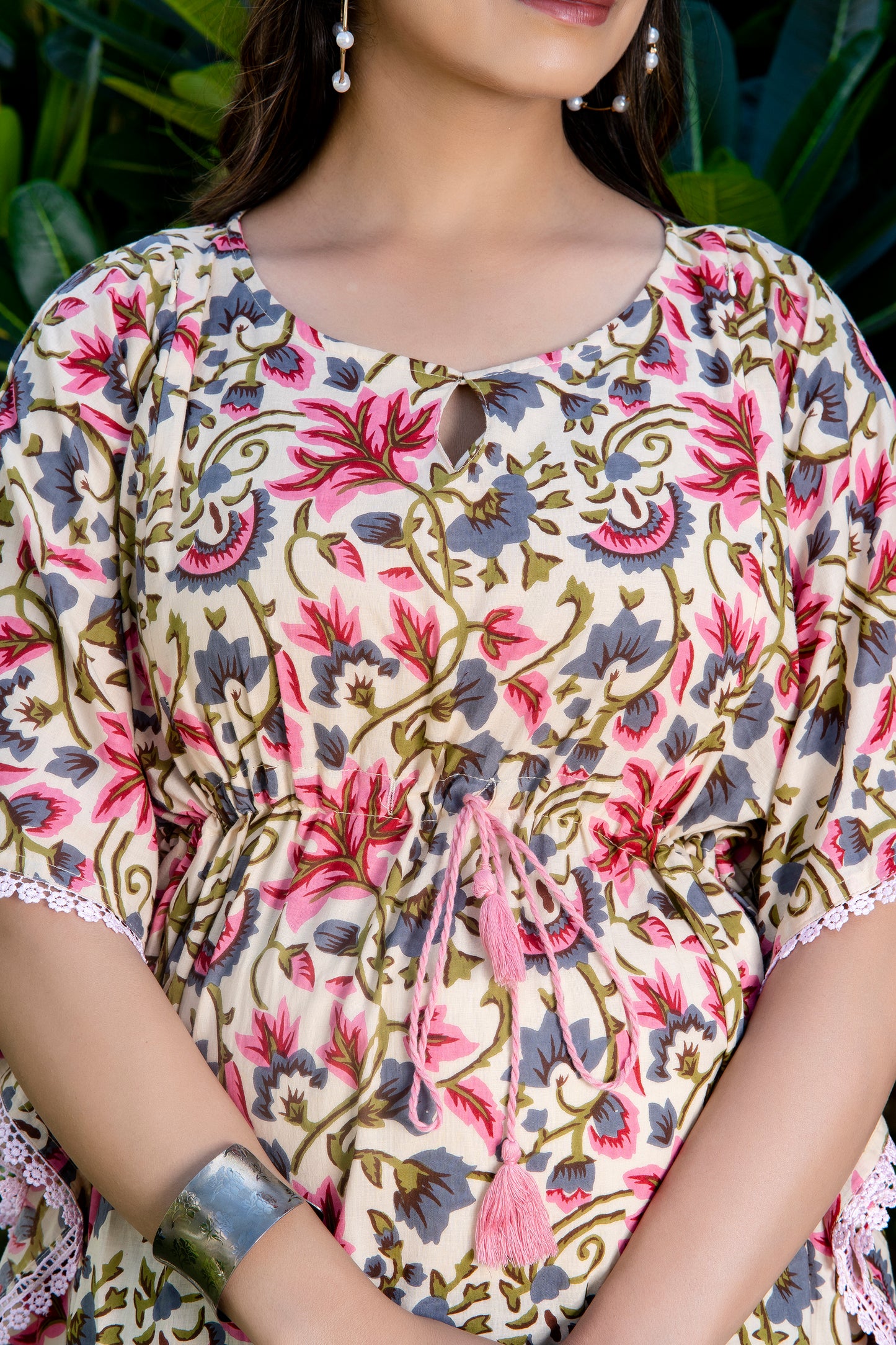 Maternity and Nursing Cream Pink Floral Kaftan