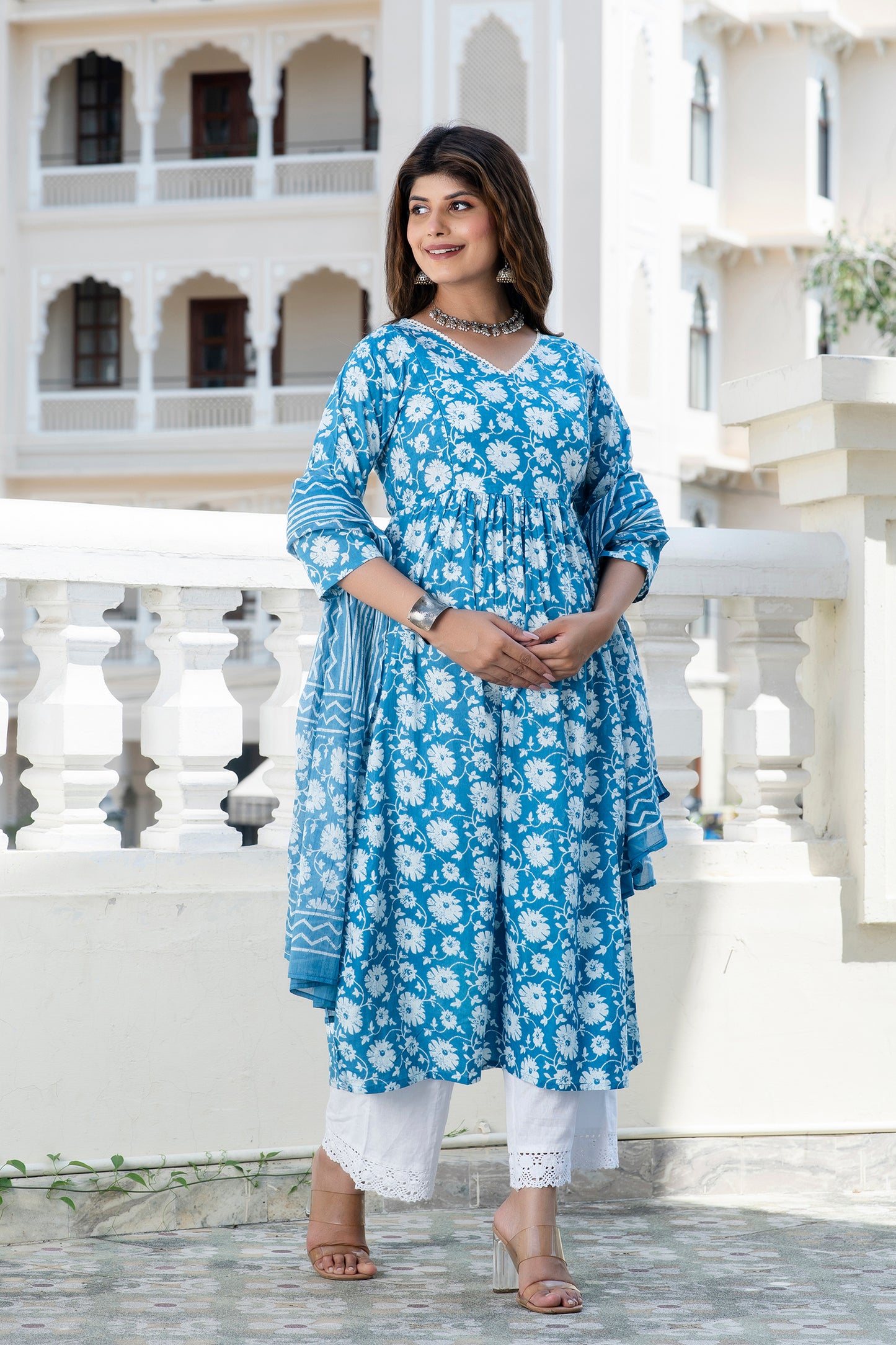 Teal Floral Maternity and Nursing Kurta Dupatta Set