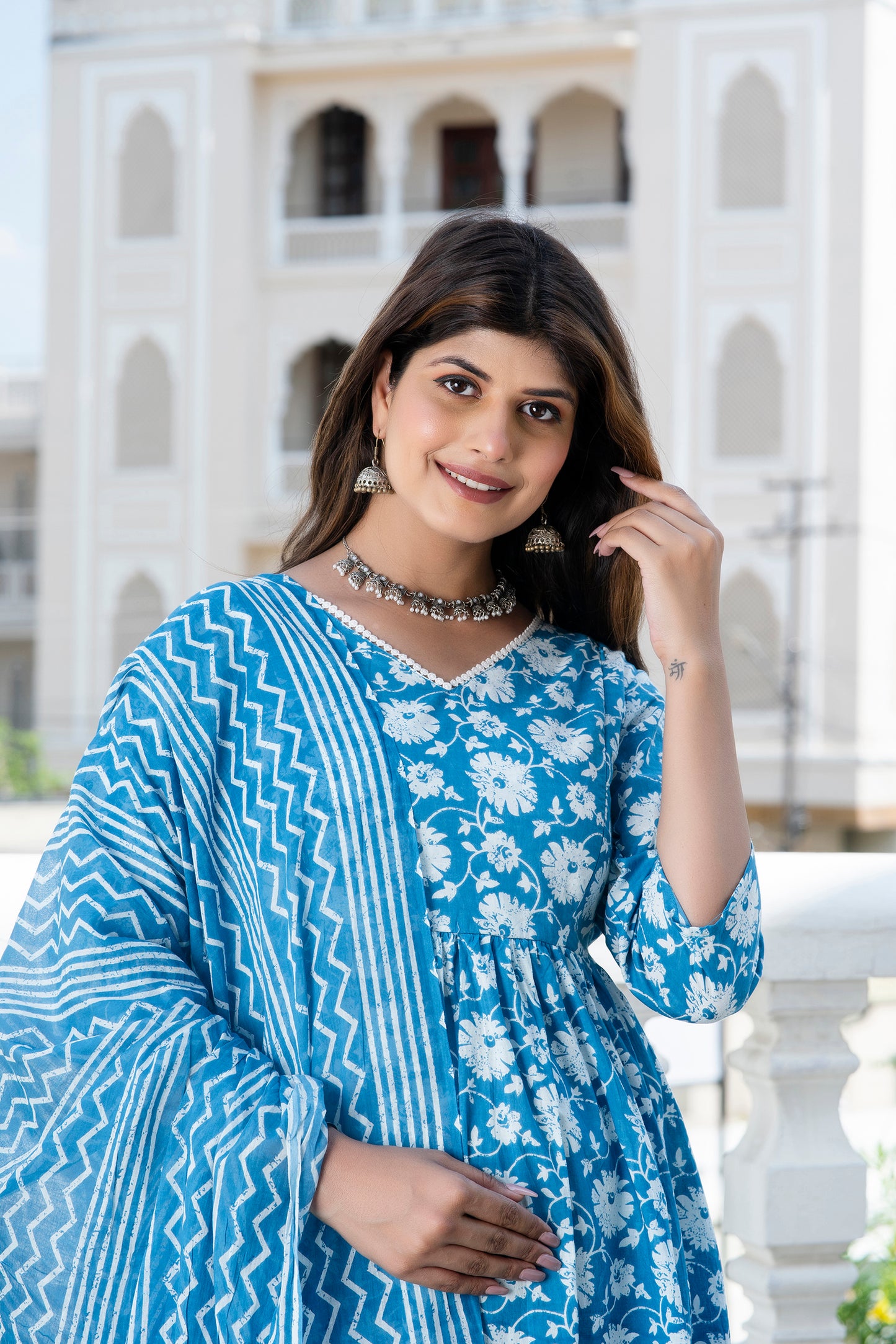 Teal Floral Maternity and Nursing Kurta Dupatta Set
