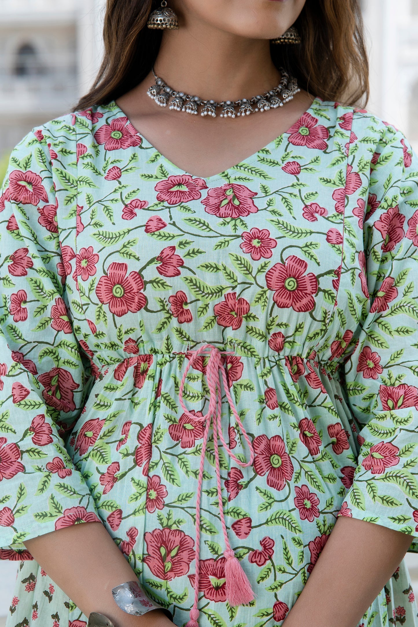 Green Peach Floral Maternity And Nursing Kurta