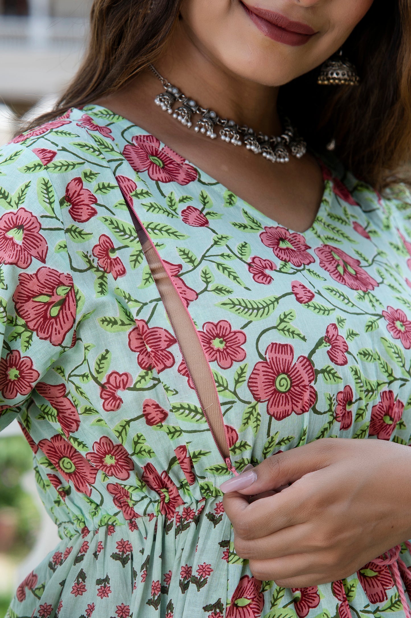 Green Peach Floral Maternity And Nursing Kurta