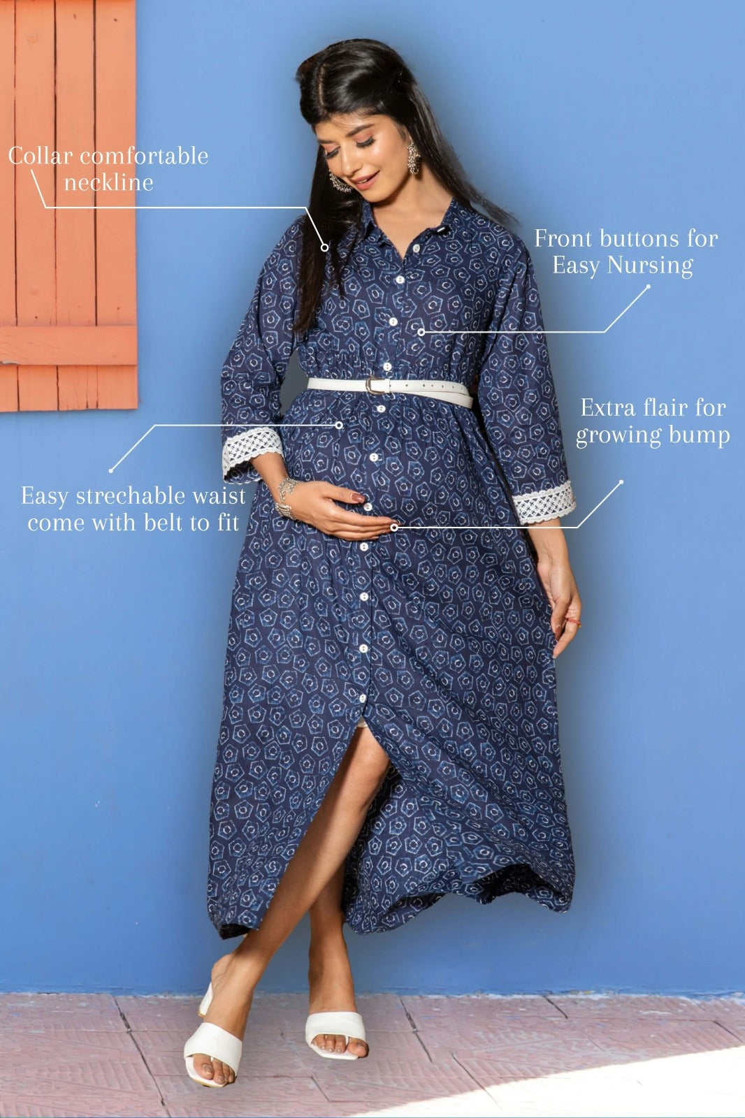 Navy Blue Maternity and Nursing Shirt Dress with Belt
