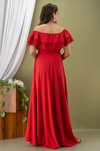Red Off Shoulder Maternity And Nursing Dress