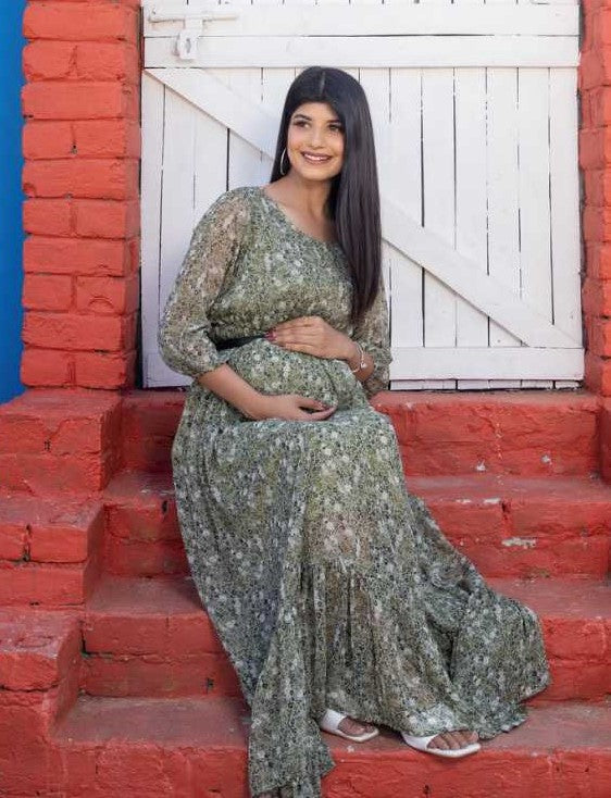 Maternity And Nursing Olive Green Maxi Dress