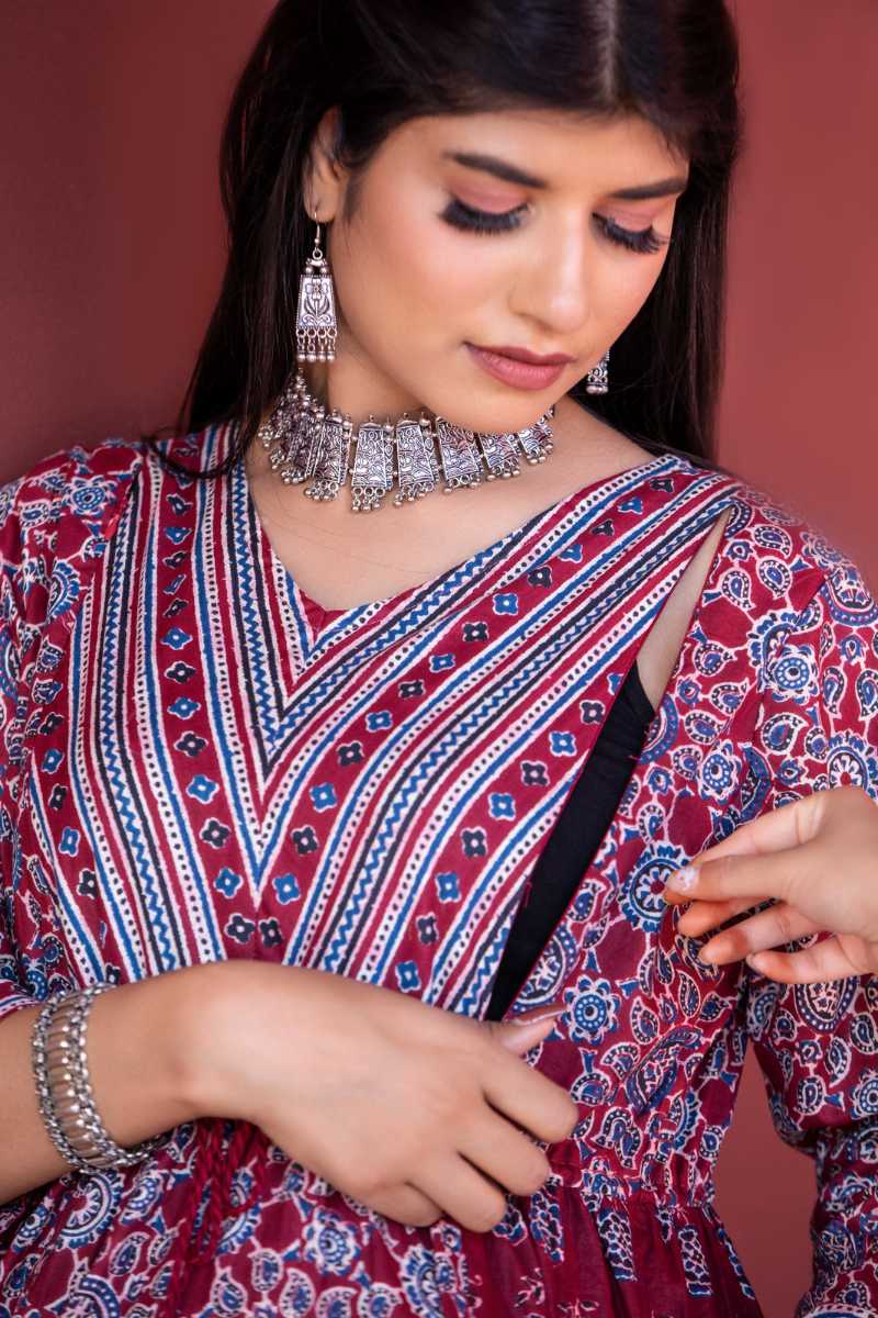 Maroon Ajrakh Print Maternity And Nursing Kurta
