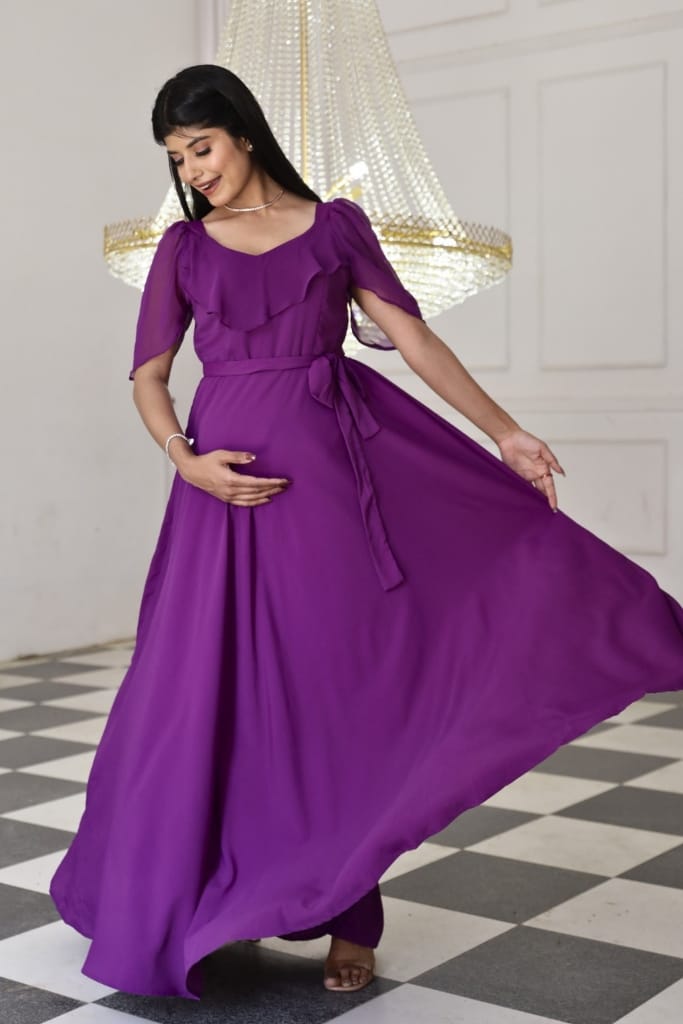 Maternity And Nursing Sweet Heart Purple Dress With Detachable Trail