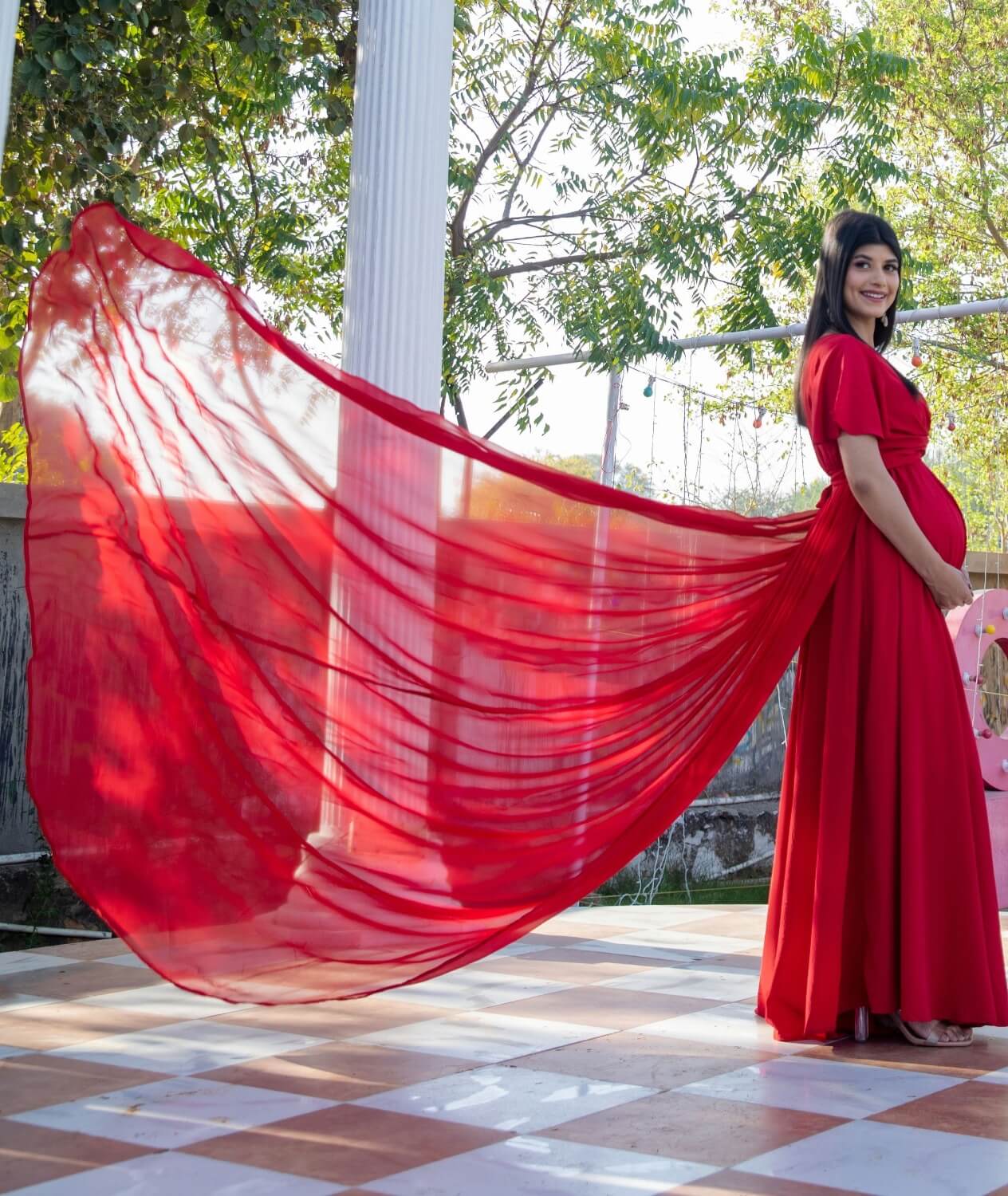 Red Drape Maternity Dress With Detachable Trail
