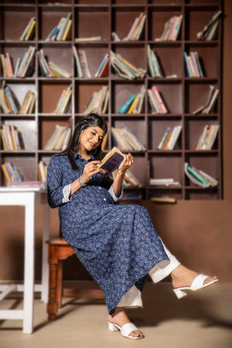 Navy Blue Maternity and Nursing Shirt Dress with Belt