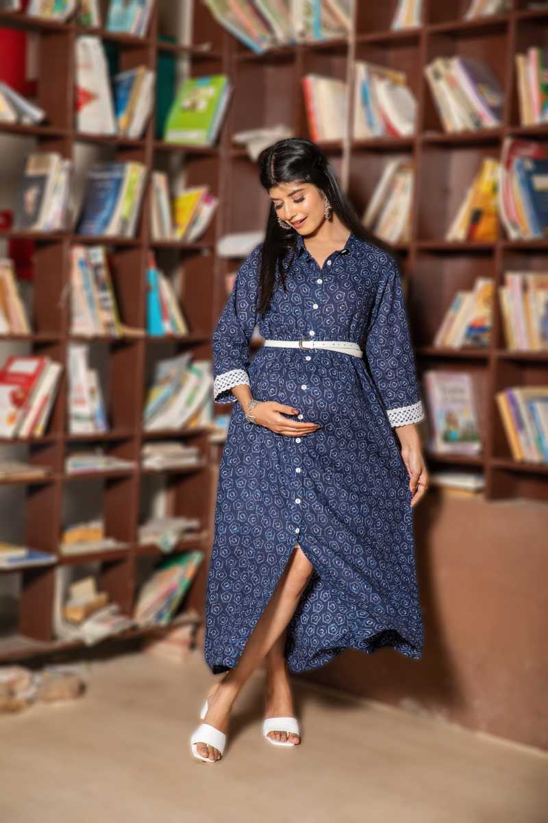 Navy Blue Maternity and Nursing Shirt Dress with Belt