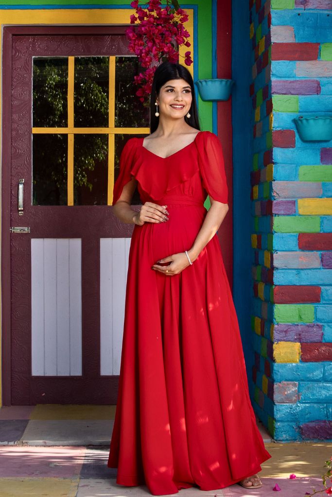 Maternity And Nursing Red Sweet Heart Dress With Detachable Trail