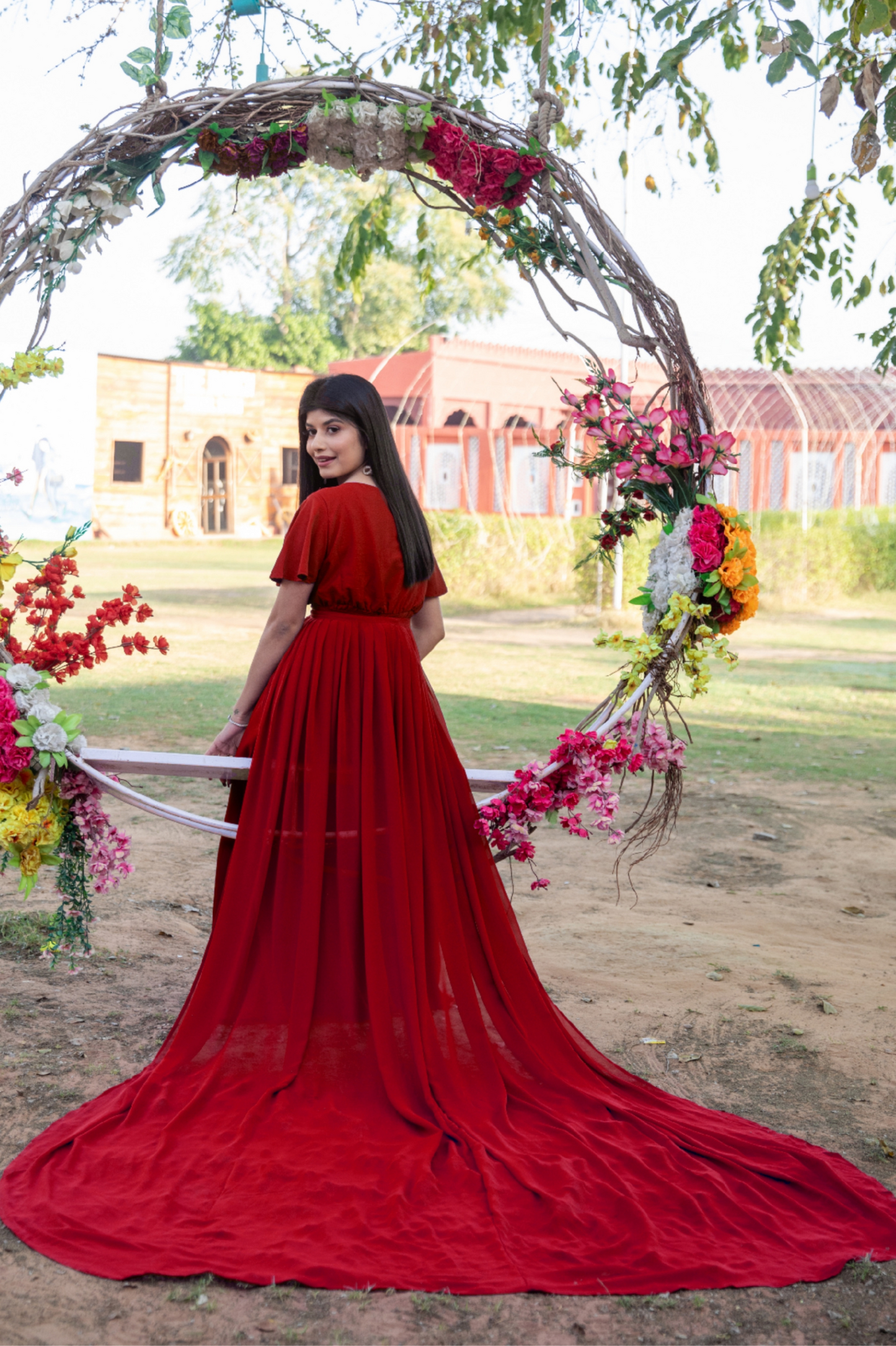 Red Drape Maternity Dress With Detachable Trail