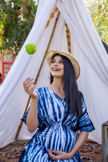 Blue Kimono Tie Dye Maternity And Nursing Maxi