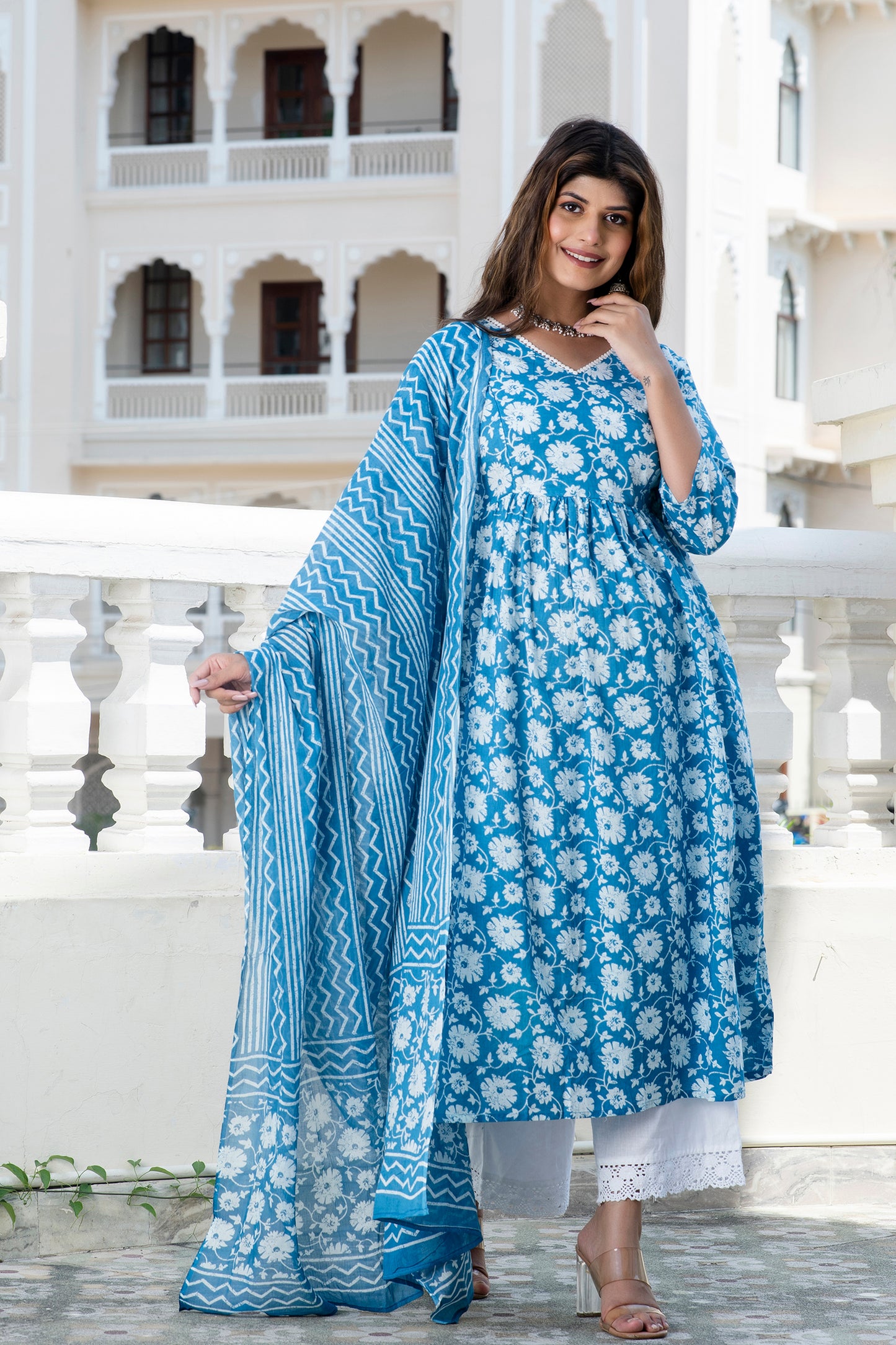 Teal Floral Maternity and Nursing Kurta Dupatta Set