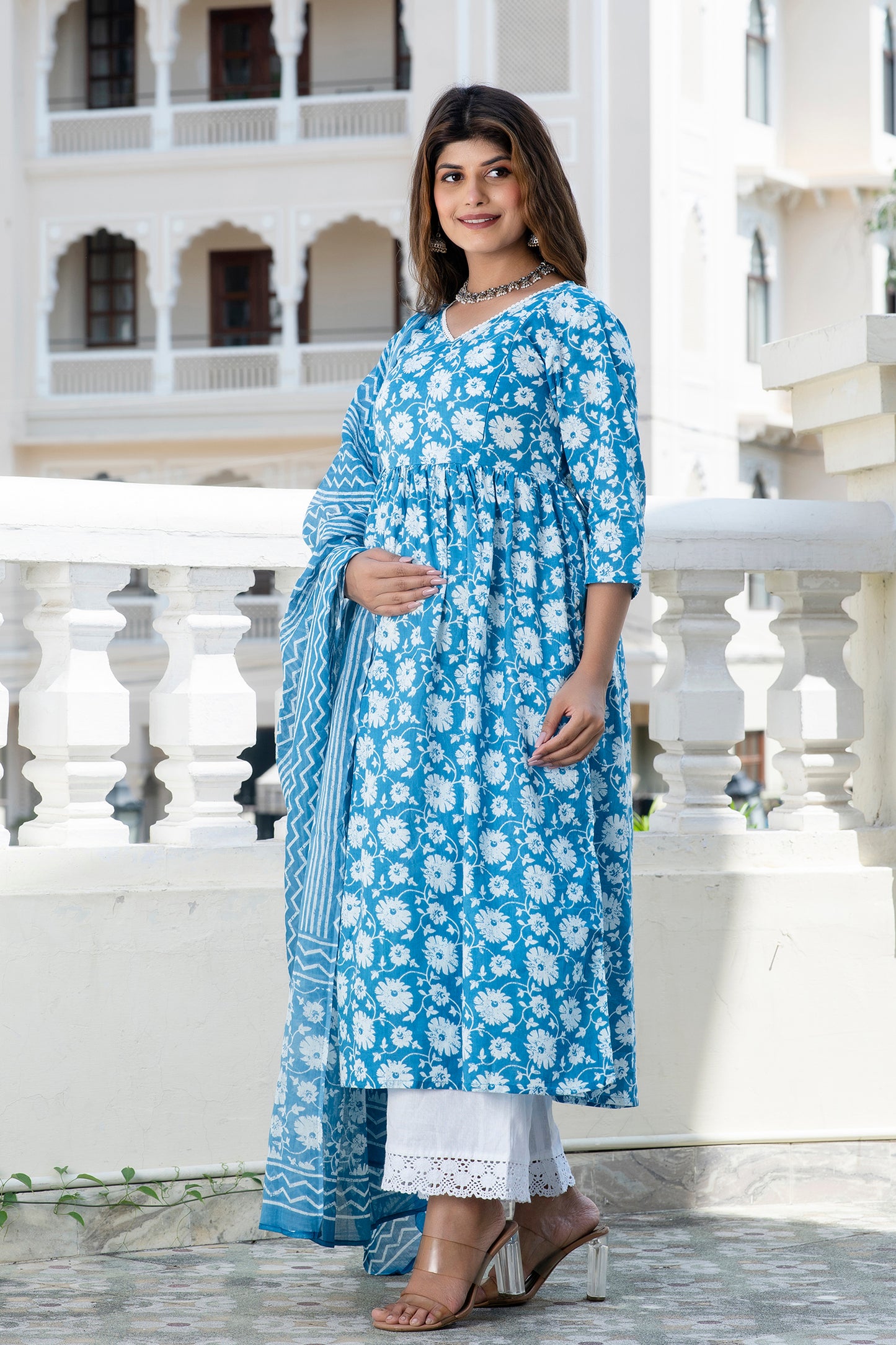 Teal Floral Maternity and Nursing Kurta Dupatta Set