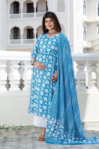 Teal Floral Maternity and Nursing Kurta Dupatta Set