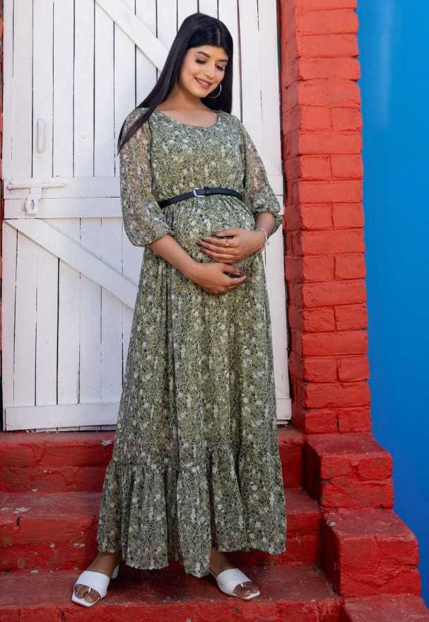 Maternity And Nursing Olive Green Maxi Dress