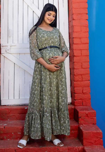 Maternity And Nursing Olive Green Maxi Dress