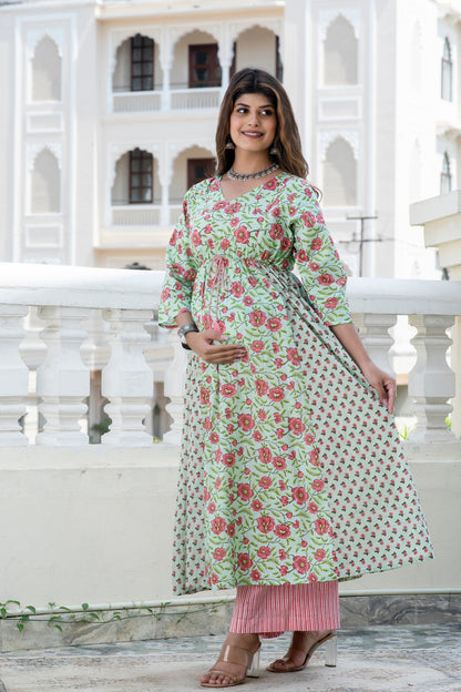Green Peach Floral Maternity And Nursing Kurta