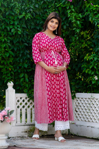 Maternity And Nursing Boota Pink Kurta