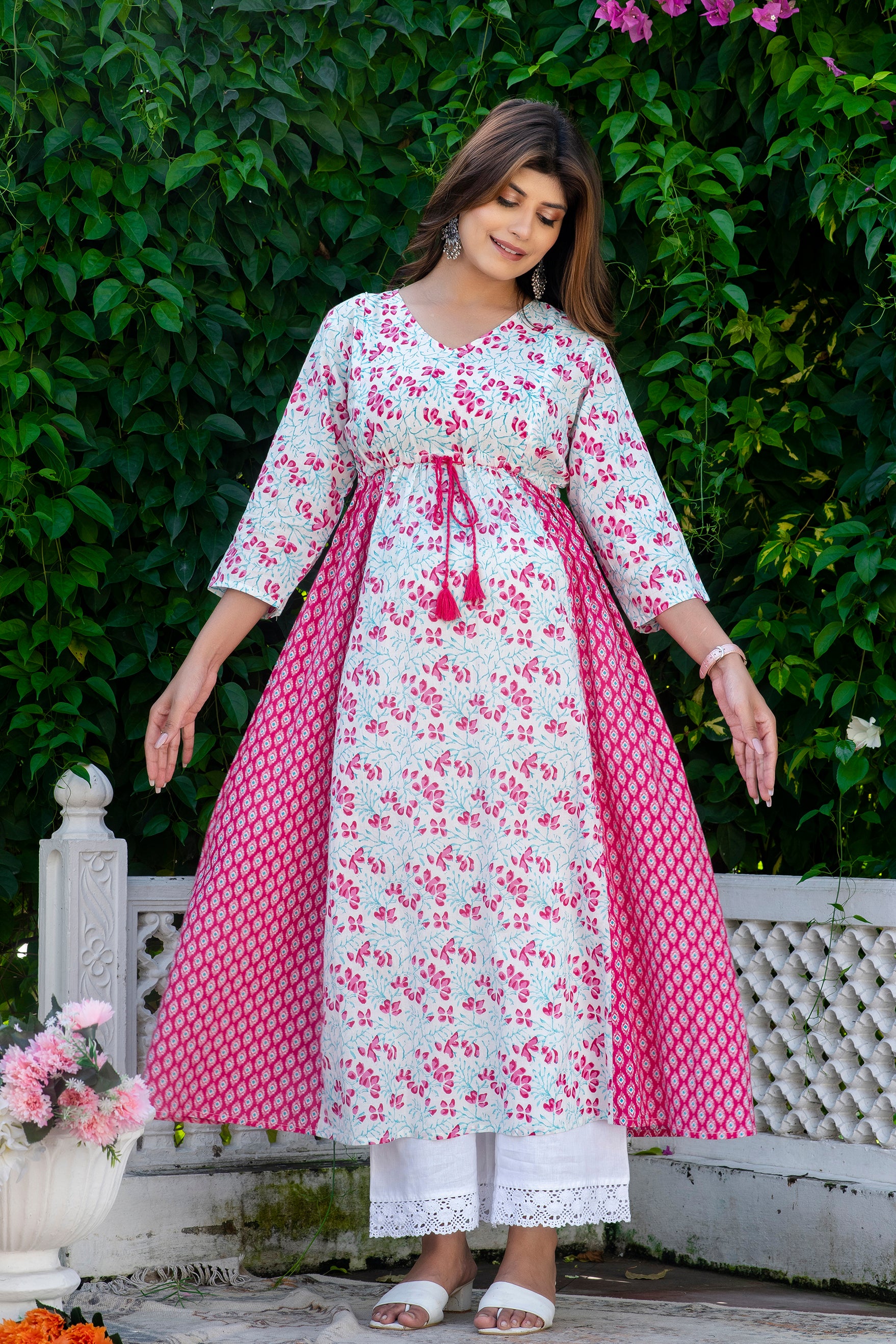 Pink White Mint Maternity And Nursing Kurta