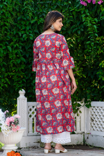 Red Blue Floral Maternity And Nursing Kurta