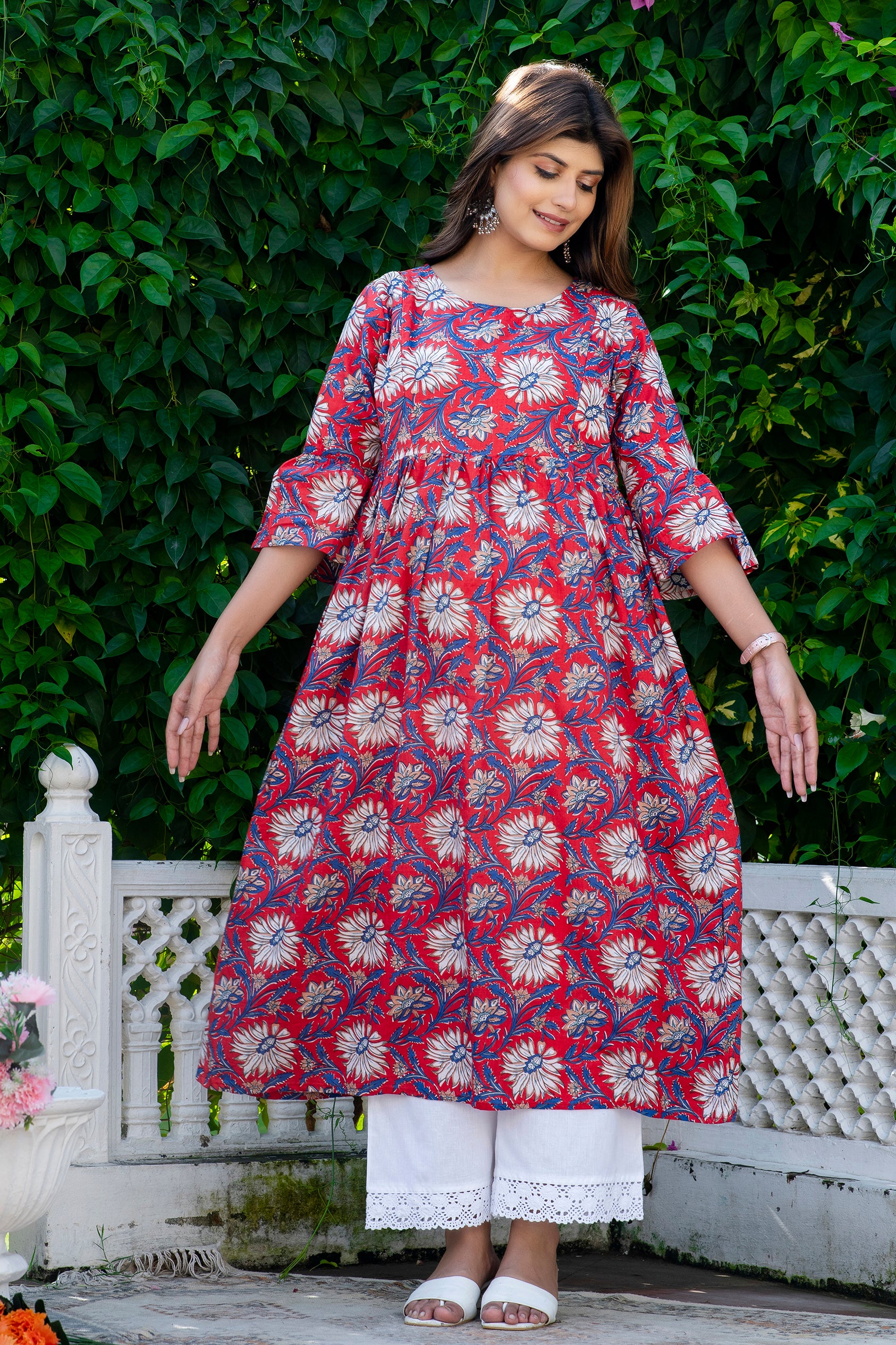 Red Blue Floral Maternity And Nursing Kurta