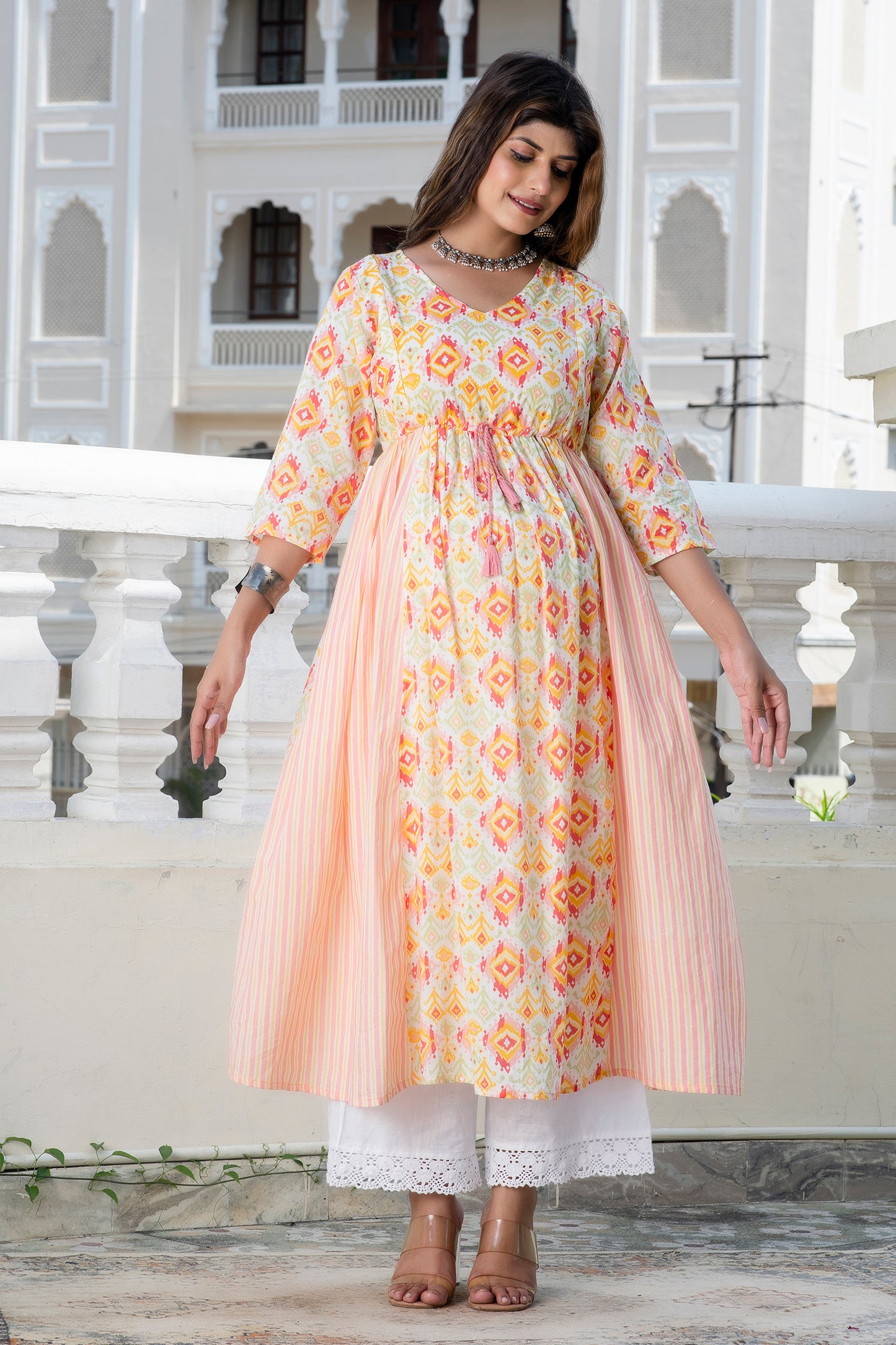 Peach Yellow Maternity And Nursing Kurta