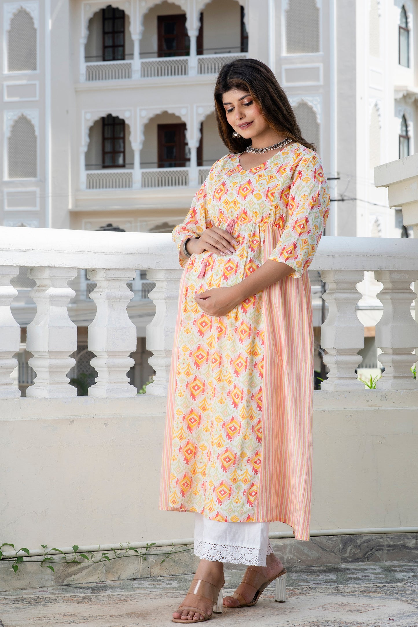 Peach Yellow Maternity And Nursing Kurta
