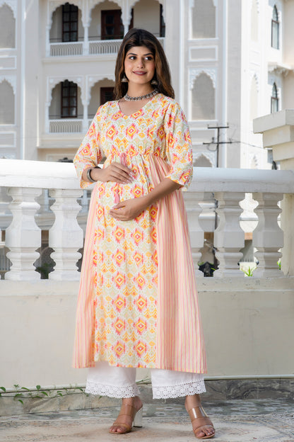Peach Yellow Maternity And Nursing Kurta