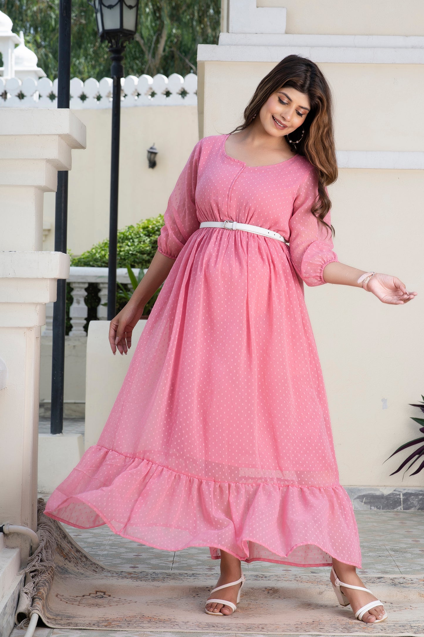 Pink Swiss Dot Maternity And Nursing Dress