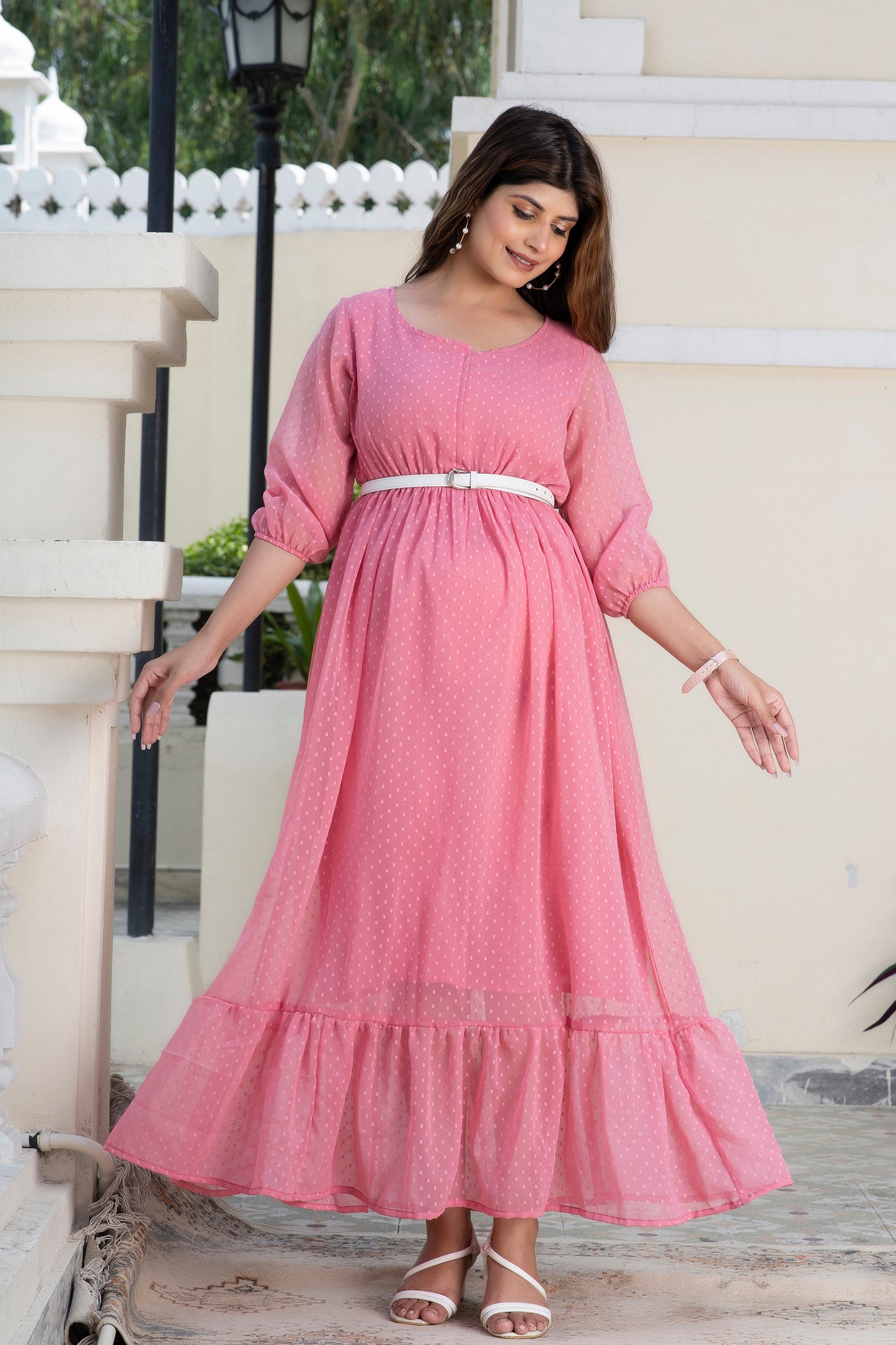 Pink Swiss Dot Maternity And Nursing Dress