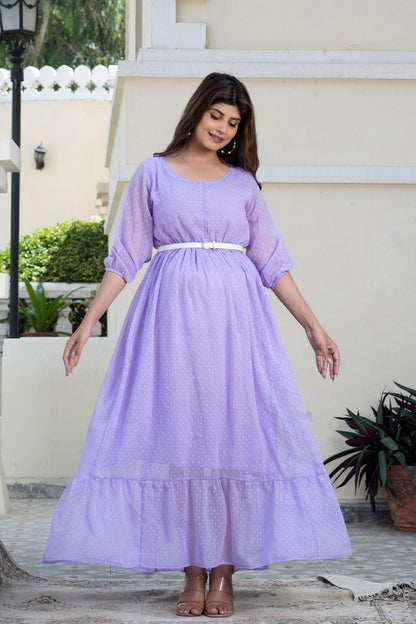 Purple Swiss Dot Maternity And Nursing Dress