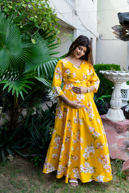 Yellow Lilly Maternity And Nursing Wrap Dress